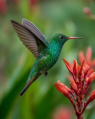 Naklejka premium Hummingbird hovering near red tropical flower, green blurred background, wildlife scene with wing motion and nectar feeding pose