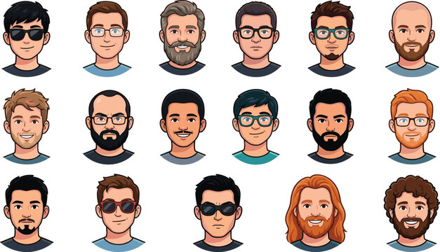 Large collection of diverse male avatar headshots and facial portraits with different hairstyles beards glasses and facial expressions