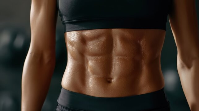 Close-up of fit muscular female torso with defined six pack abs and shiny skin