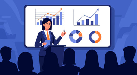 Naklejka premium female business speaker presents data analysis market research and corporate training illustrating financial growth.