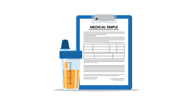 Urine specimen container with yellow liquid placed next to a medical clipboard for laboratory analysis and testing results.