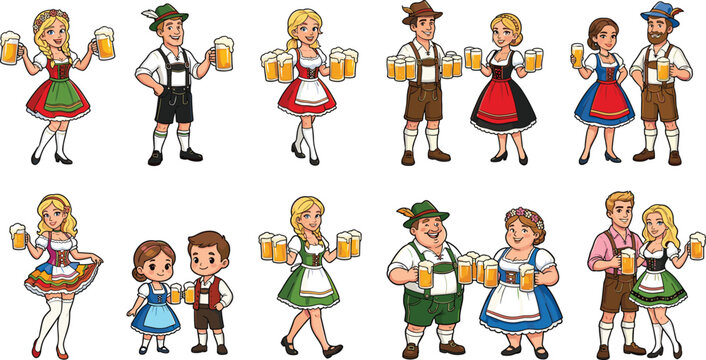 Set of cartoon characters in traditional German Bavarian costumes holding beer mugs for Oktoberfest celebration and cultural festival events