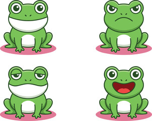 Fototapeta premium Set of cute cartoon green frog characters with different facial expressions including happy angry tired and laughing isolated on white