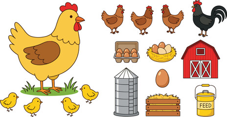 Farm Chicken and Poultry Cartoon Collection with Barn Eggs Chicks Feed and Agricultural Elements Vector Set © MdAbdur