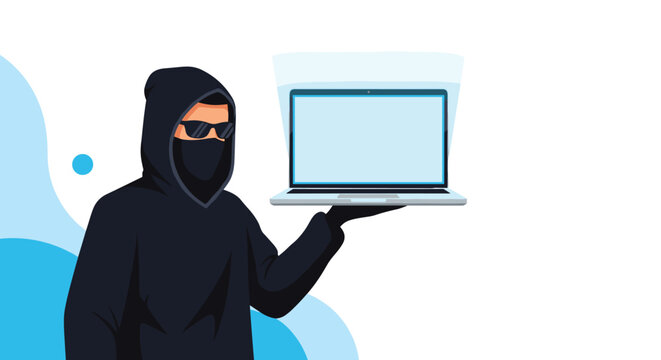 Anonymous hacker wearing a black hood and mask holding a laptop with a blank white screen for copy space and design.