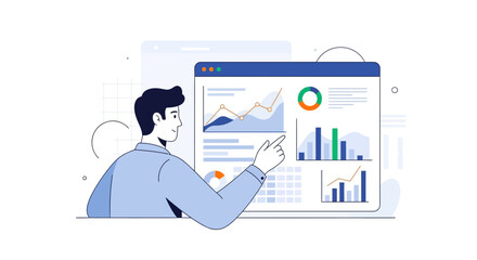 Fototapeta premium Man analyzing business charts and data on a screen, digital analytics illustration