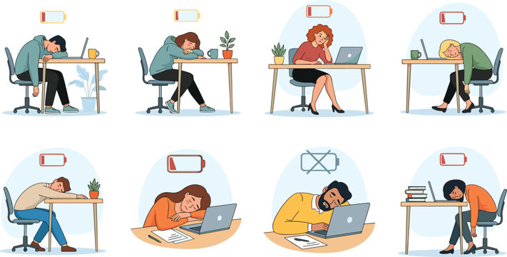 Set of tired exhausted office workers and students sleeping at desks with low battery icons representing burnout and fatigue