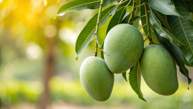 Three unripe green mangoes with water droplets hanging from a tree branch with leaves and sunlight