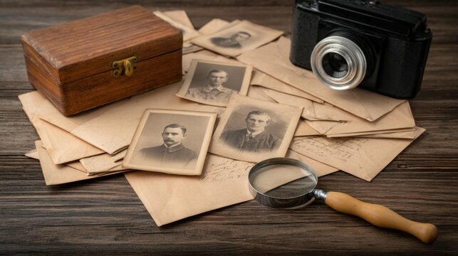Vintage black and white photo collection with magnifying glass and wooden box