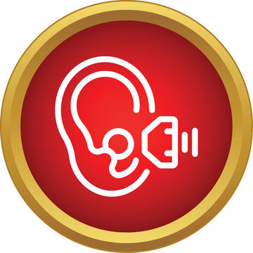 Ear wearing a hearing aid device, representing audiology and deafness solutions in a red circle