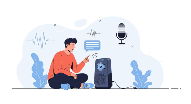 Man interacting with smart speaker using voice commands and digital interface.