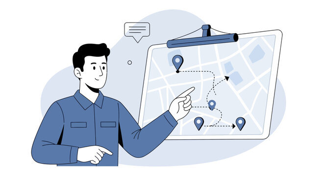 Man planning route on map with pins