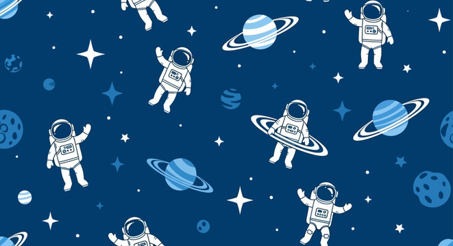 cute cartoon astronauts and planets seamless pattern on blue background