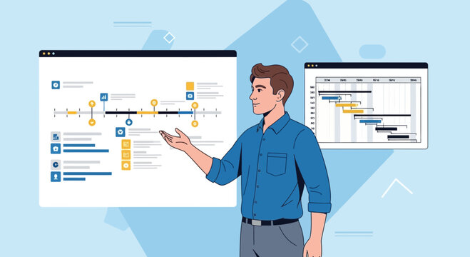 Man presenting Gantt chart and timeline in digital interfaces, business planning