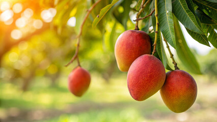 Fresh mangoes growing on branch in sun drenched tropical fruit plantation with ripening, tropical © Blar Studio