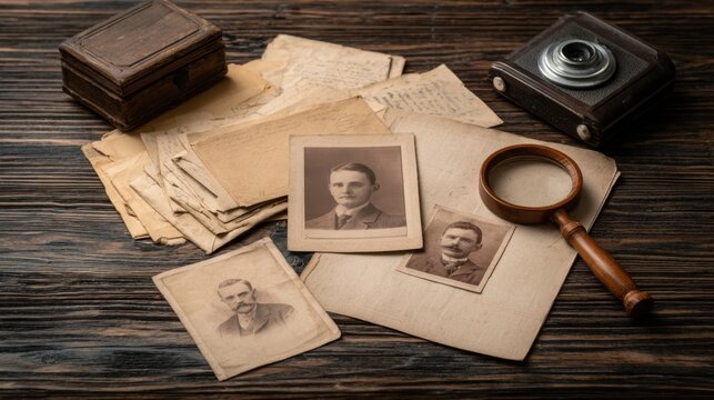 Vintage sepia old photo portrait collection with magnifying glass and box