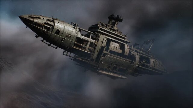 Large weathered spaceship floating through a dark and stormy atmosphere above a desolate alien planet surface in deep outer space