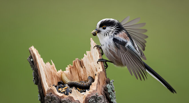 Long-tailed tit bird perched on a weathered tree stump.