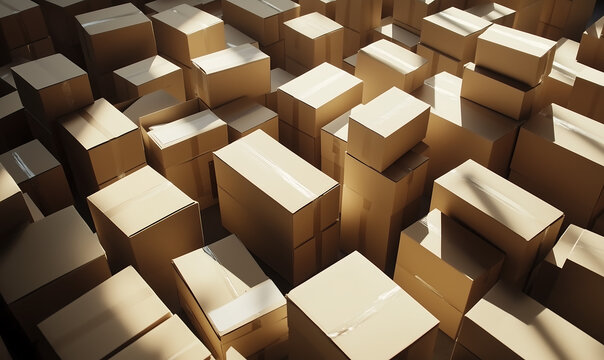 Large collection of stacked cardboard boxes.