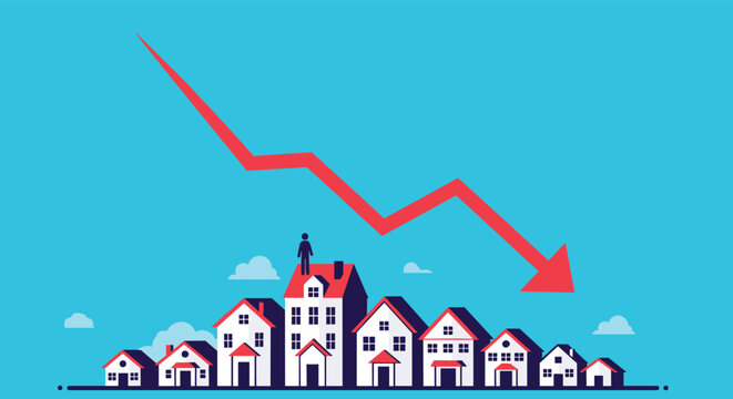 Real estate market crash depicted with a falling red arrow over a city skyline of various houses on blue background.