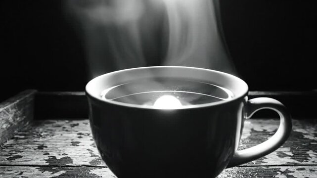 Black and white close up of a steaming cup of coffee sitting on a wooden tray with a dark background