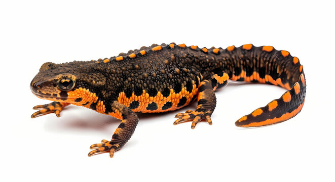 Black and orange fire salamander on white background.