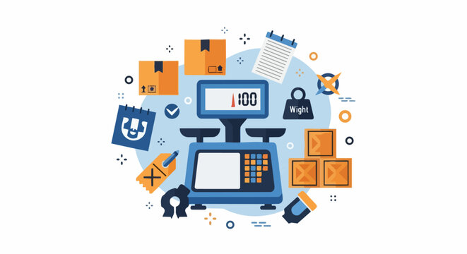 Logistics and Shipping Flat Illustration Featuring Digital Scale, Cardboard Boxes, and Warehouse Inventory Icons for E-commerce and Delivery Concepts