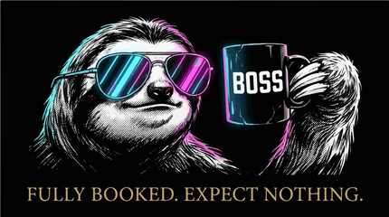 Obraz premium Cool Sloth with Sunglasses Holding Boss Coffee Mug - Fully Booked Expect Nothing