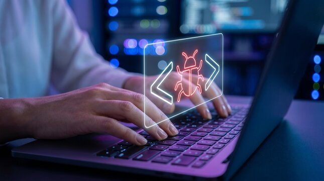 Hands on laptop, holographic bug icon displayed, symbolizing a developer's crucial task of debugging and resolving software vulnerabilities in a tech workspace