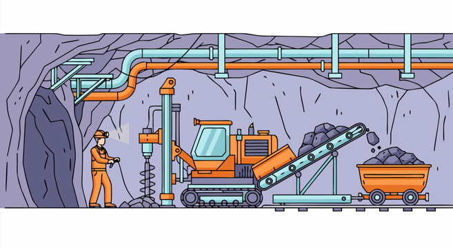Coal mining vector illustration showing heavy machinery and a worker in a mine tunnel, highlighting industrial operations and resource extraction