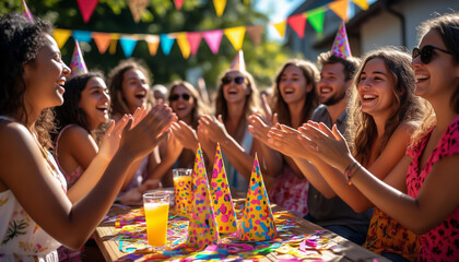 Fototapeta premium Guests Clapping and Wearing Party Hats at Sunlit Garden Celebration | Happy Outdoor Festive Gathering