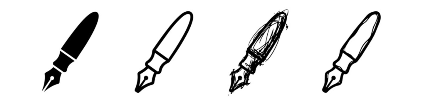 Set of Fountain Pen Icons in Multiple Styles: Silhouette, Outline, Sketch, and Doodle Vector Elements for Stationery and Writing Design