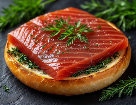 Top-view trout sandwich with lettuce, red onion, and lemon on toasted artisan bread