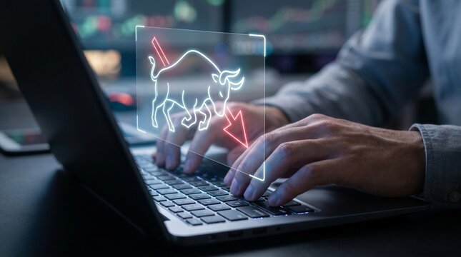 Bull and bear market financial trading concepts with uptrend arrow and downtrend symbol on computer screen