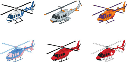 Cartoon helicopter illustrations in diverse colors including rescue, transport, and playful aviation designs for educational projects © MstRezoara