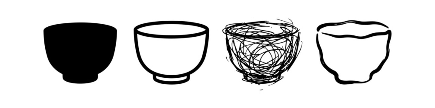 Collection of Minimalist Bowl Icons in Four Artistic Styles: Solid Silhouette, Clean Outline, Scribble Sketch, and Hand Drawn Design. Vector Illustration Set for Kitchenware and Logos.