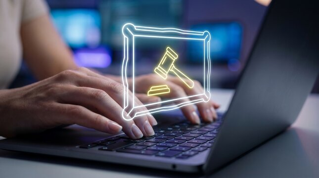 Digital art auction and online bidding a person interacts with a laptop, a glowing gavel icon symbolizing the modern virtual marketplace for collectibles and fine art