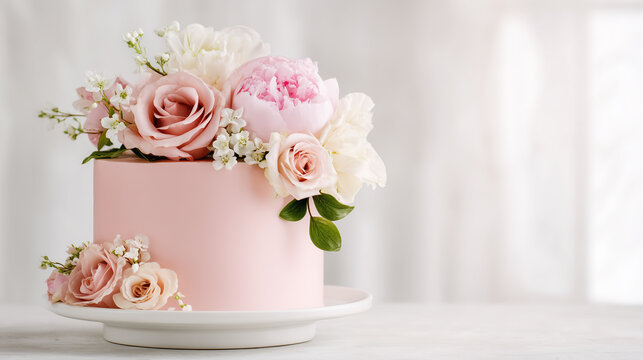 A pink cake decorated with fresh flowers, a floral pastry celebration