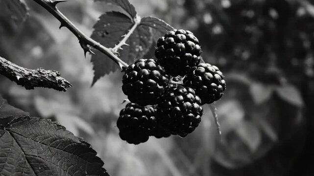 Black and white close up of a cluster of ripe blackberries hanging from a thorny bramble branch.