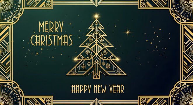 Art deco christmas golden tree and festive greetings for holiday celebrations