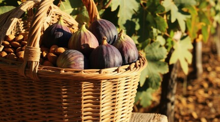 Obraz premium Woven basket full of fresh figs and almonds rests in sunlit vineyard rows. Autumn harvest of ripe purple figs and crunchy nuts displays organic produce on grapevine background.