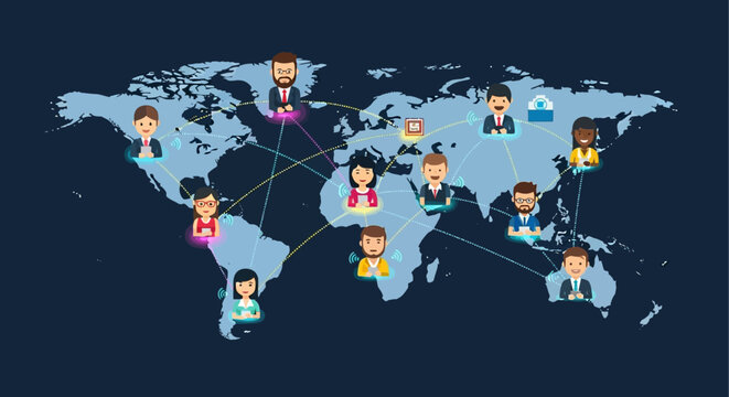 diverse business people avatars connect globally on a world map illustrating international remote work and digital communication technology