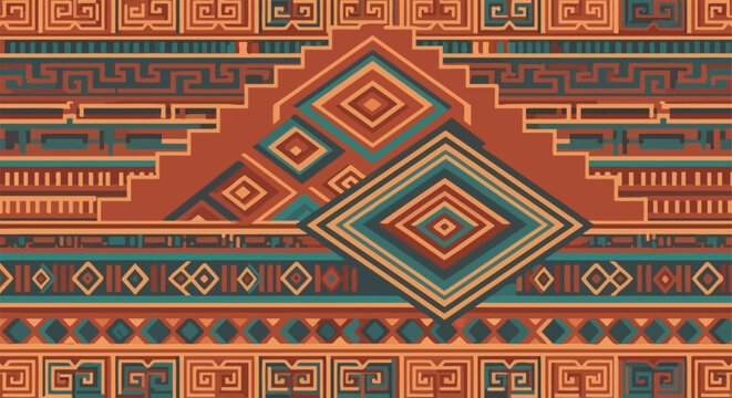 intricate aztec inspired geometric pattern featuring diamonds and steps in rich earthy tones ideal for textile background or cultural design.