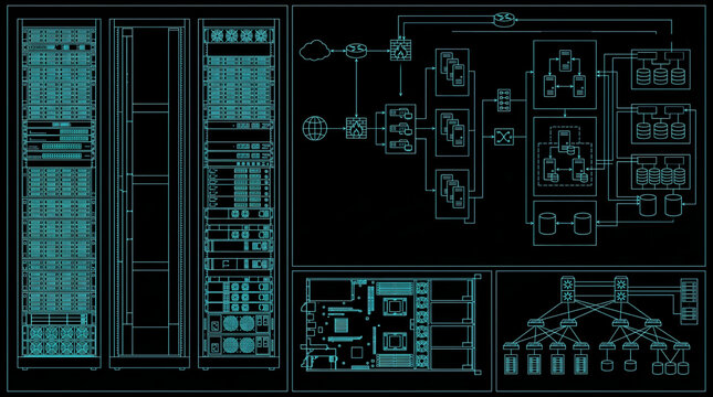 Huge Server Storage and Cloud Architecture Blueprint Technical Drawing Vector Set Multi View Cyan Outline on Black Background