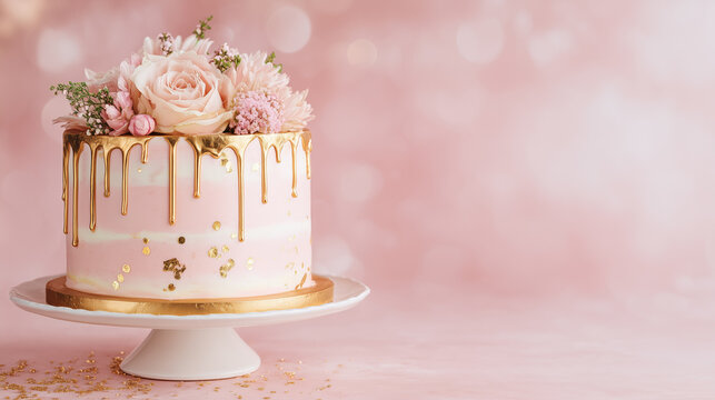 A delicious pink cake decorated with flowers and gold drizzle, happy birthday cake