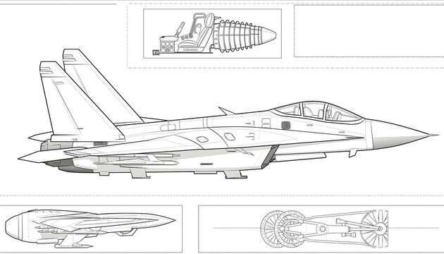 Meticulously detailed fighter jet side profile drawn in a clean architectural sketch style, featuring technical schematic components for aviation enthusiasts and professional engineering reference.