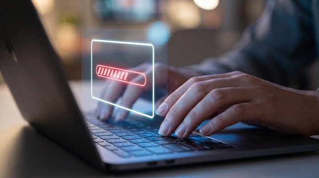 Loading progress bar on a laptop screen symbolizing data transfer and digital processing