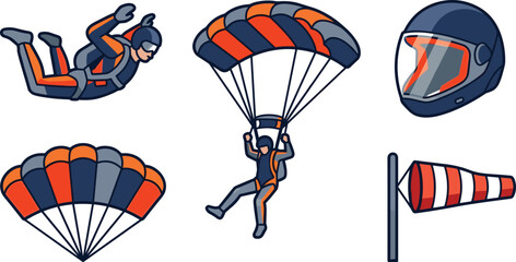 Professional Skydiving Equipment and Action Vector Set Featuring Parachutist in Flight, Freefall Pose, Full Face Helmet, and Windsock for Extreme Sports Training and Aviation Designs © Lal