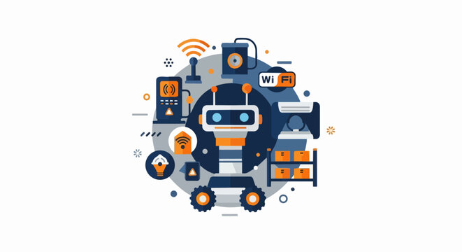 Smart Logistics and Warehouse Automation Concept Illustration with Autonomous Robot and IoT Icons