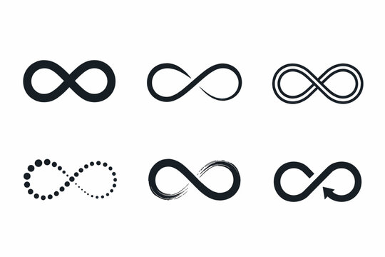 Diverse set of six black and white infinity symbols with varied styles and textures